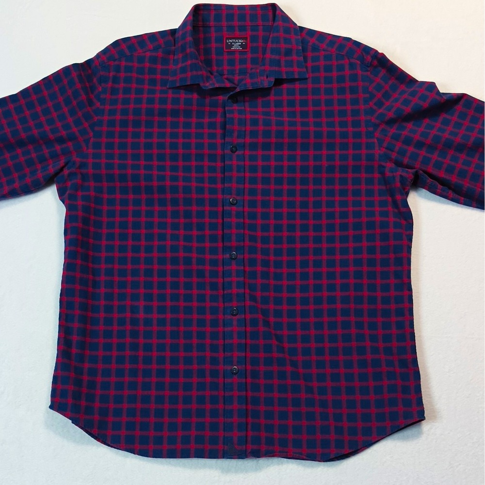 UNTUCKit Mens Slim Fit Blue Red Plaid Button Up Shirt XL